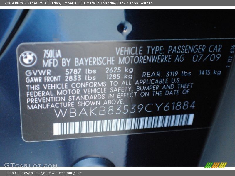 Imperial Blue Metallic / Saddle/Black Nappa Leather 2009 BMW 7 Series 750Li Sedan