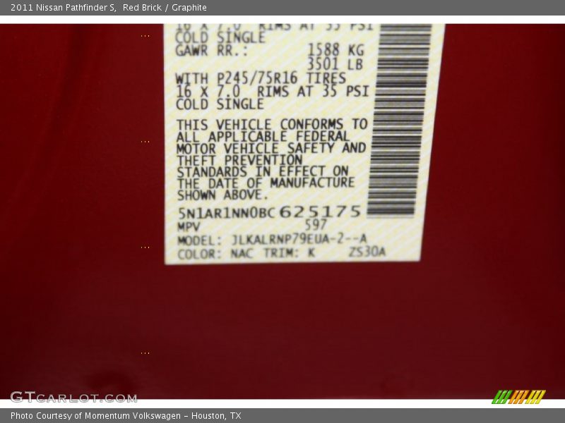 Red Brick / Graphite 2011 Nissan Pathfinder S