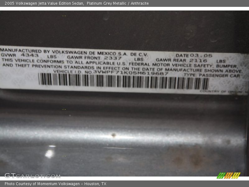 Platinum Grey Metallic / Anthracite 2005 Volkswagen Jetta Value Edition Sedan