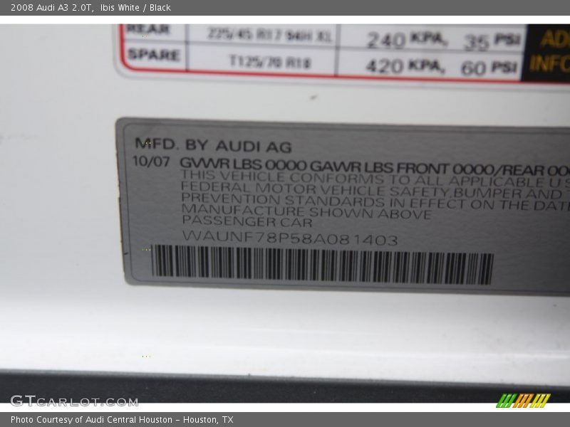 Ibis White / Black 2008 Audi A3 2.0T
