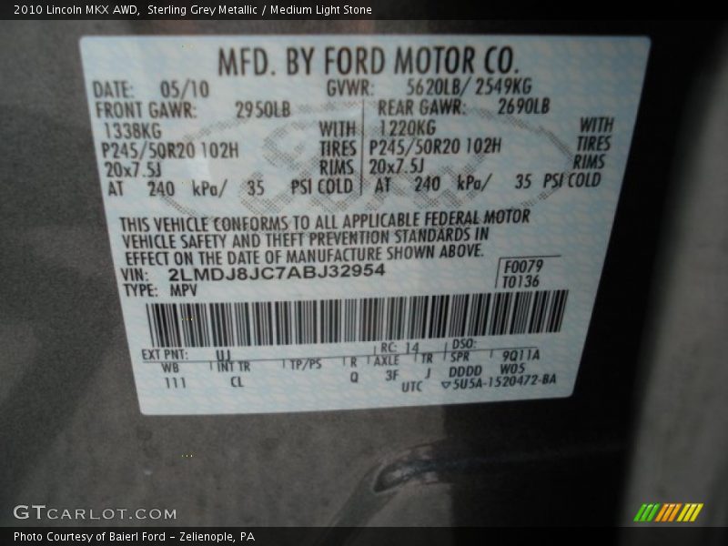 Sterling Grey Metallic / Medium Light Stone 2010 Lincoln MKX AWD