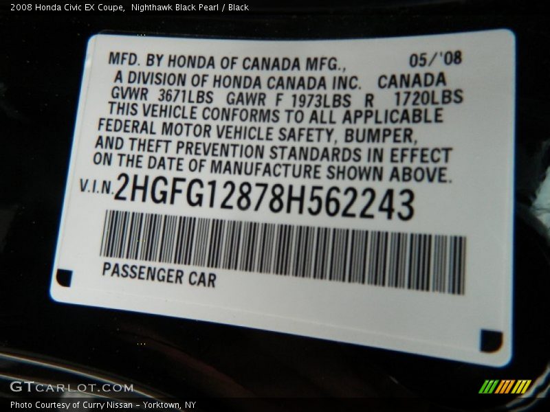 Nighthawk Black Pearl / Black 2008 Honda Civic EX Coupe