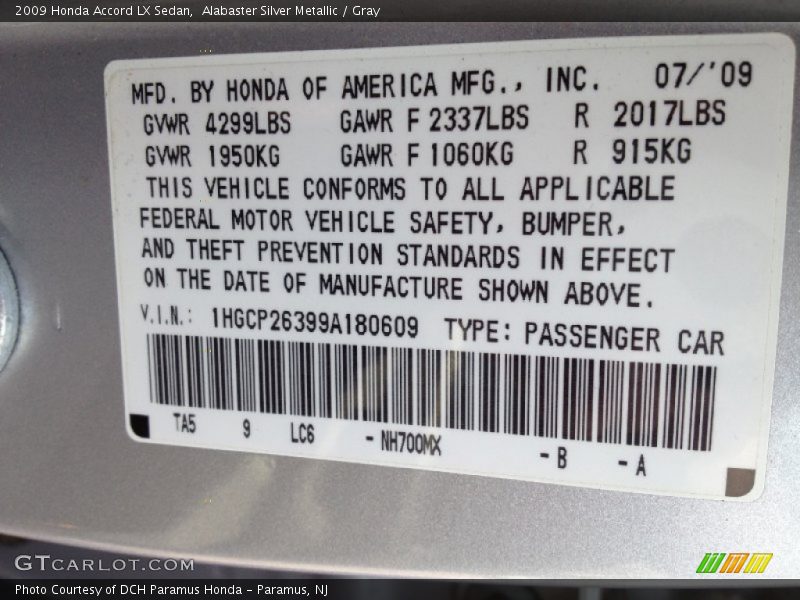 Alabaster Silver Metallic / Gray 2009 Honda Accord LX Sedan