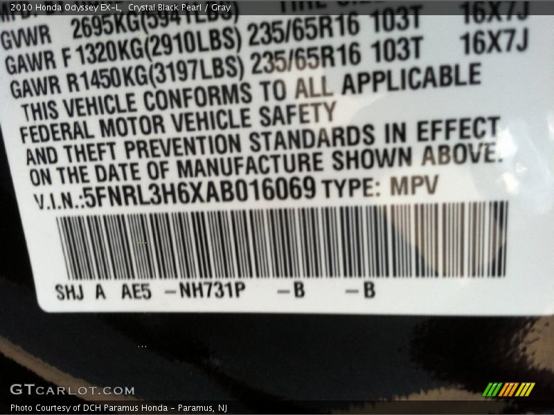 Crystal Black Pearl / Gray 2010 Honda Odyssey EX-L