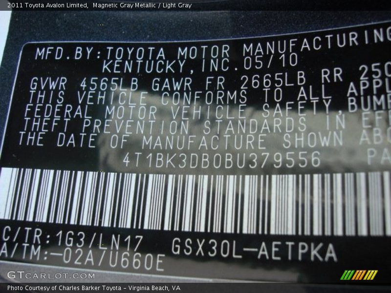 Magnetic Gray Metallic / Light Gray 2011 Toyota Avalon Limited