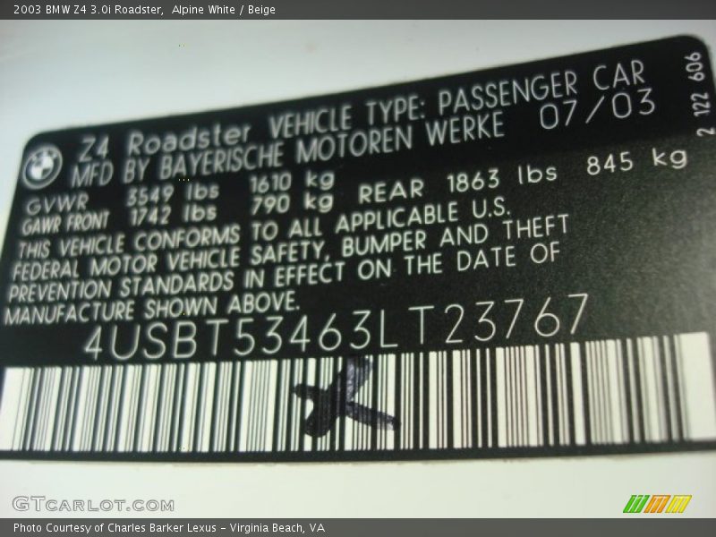 Alpine White / Beige 2003 BMW Z4 3.0i Roadster