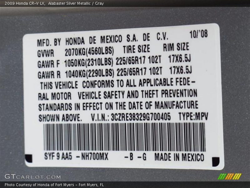Alabaster Silver Metallic / Gray 2009 Honda CR-V LX