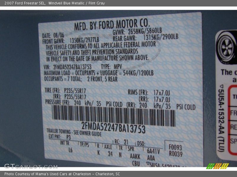 2007 Freestar SEL Windveil Blue Metallic Color Code P3