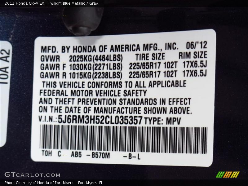 2012 CR-V EX Twilight Blue Metallic Color Code B570M