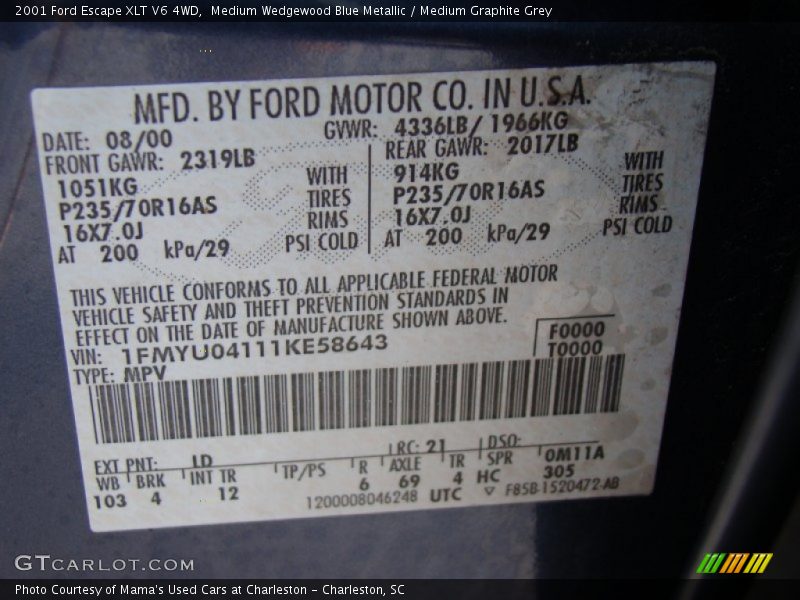 2001 Escape XLT V6 4WD Medium Wedgewood Blue Metallic Color Code LD
