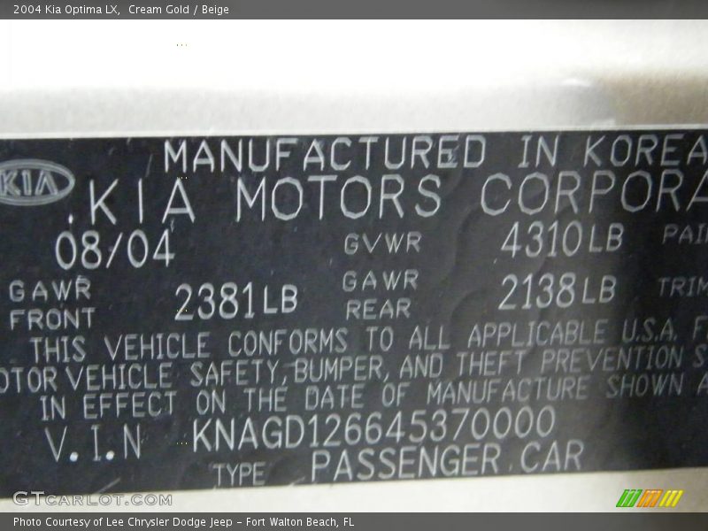 Cream Gold / Beige 2004 Kia Optima LX