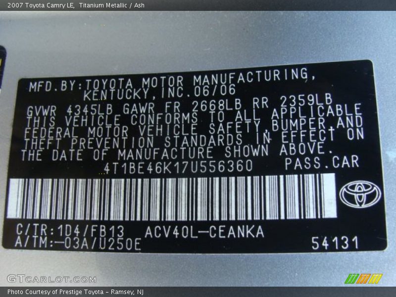 Titanium Metallic / Ash 2007 Toyota Camry LE