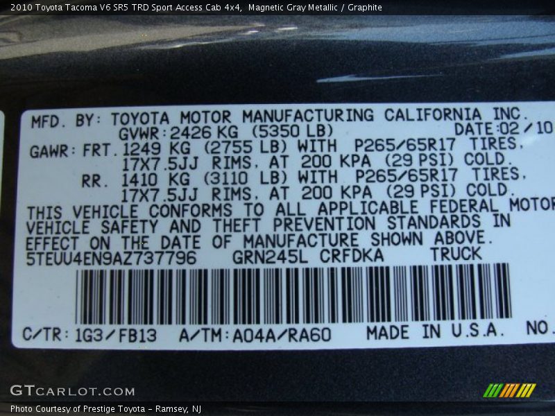 Magnetic Gray Metallic / Graphite 2010 Toyota Tacoma V6 SR5 TRD Sport Access Cab 4x4