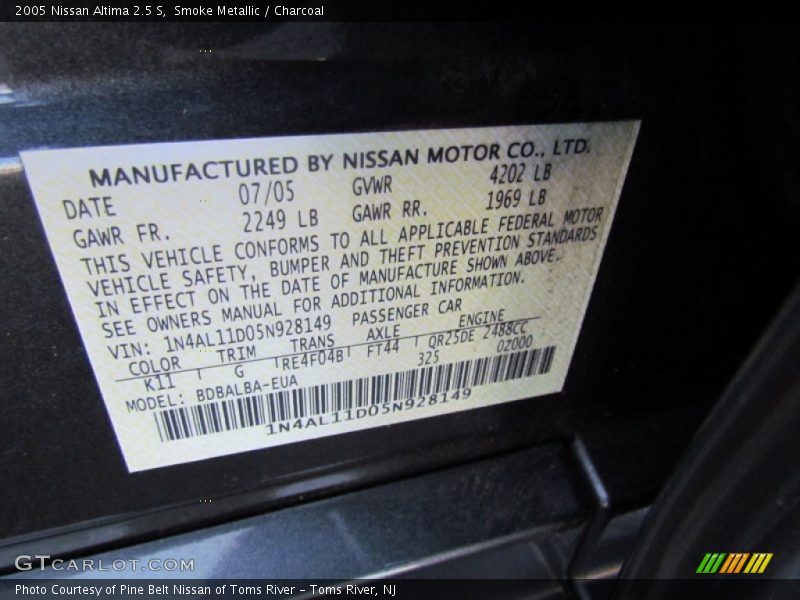 Smoke Metallic / Charcoal 2005 Nissan Altima 2.5 S