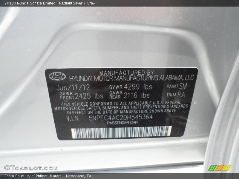 Radiant Silver / Gray 2013 Hyundai Sonata Limited