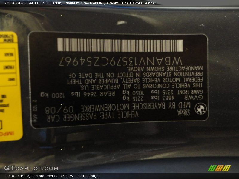 Platinum Grey Metallic / Cream Beige Dakota Leather 2009 BMW 5 Series 528xi Sedan