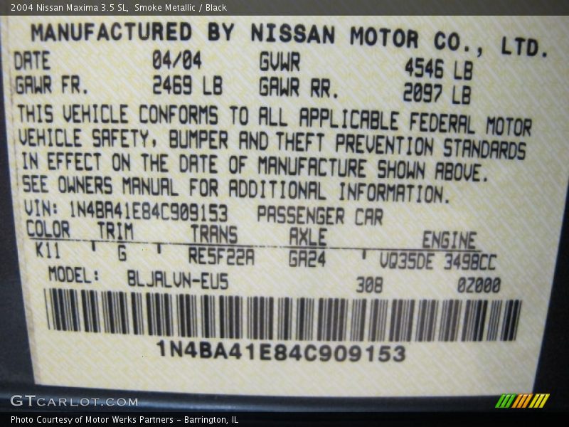 2004 Maxima 3.5 SL Smoke Metallic Color Code K11