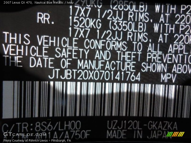 2007 GX 470 Nautical Blue Metallic Color Code 8S6