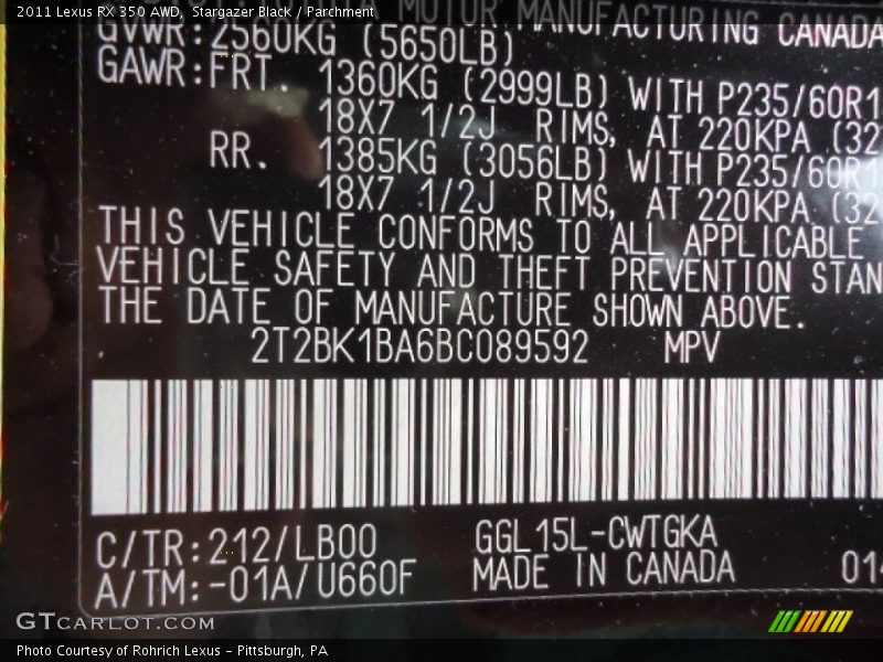 Stargazer Black / Parchment 2011 Lexus RX 350 AWD