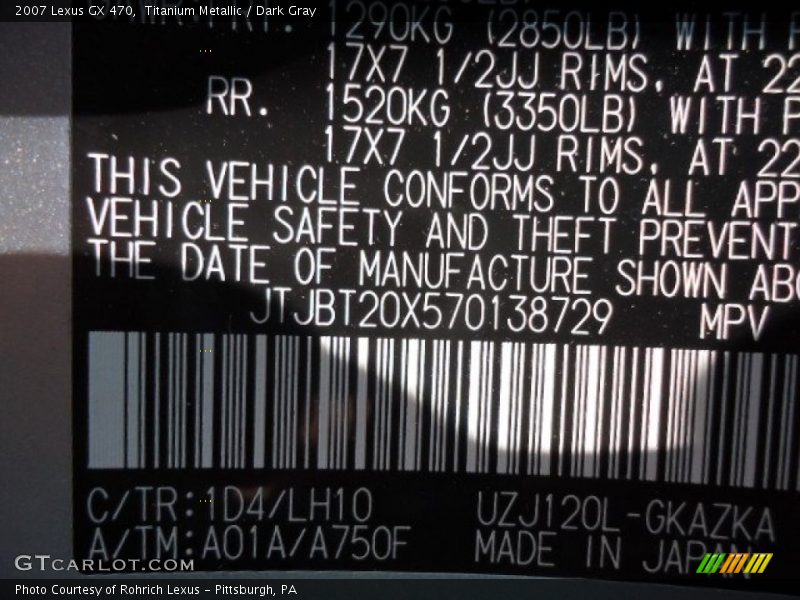 Titanium Metallic / Dark Gray 2007 Lexus GX 470