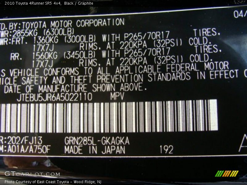 Black / Graphite 2010 Toyota 4Runner SR5 4x4