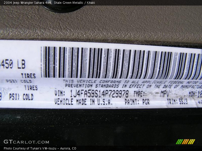 Shale Green Metallic / Khaki 2004 Jeep Wrangler Sahara 4x4