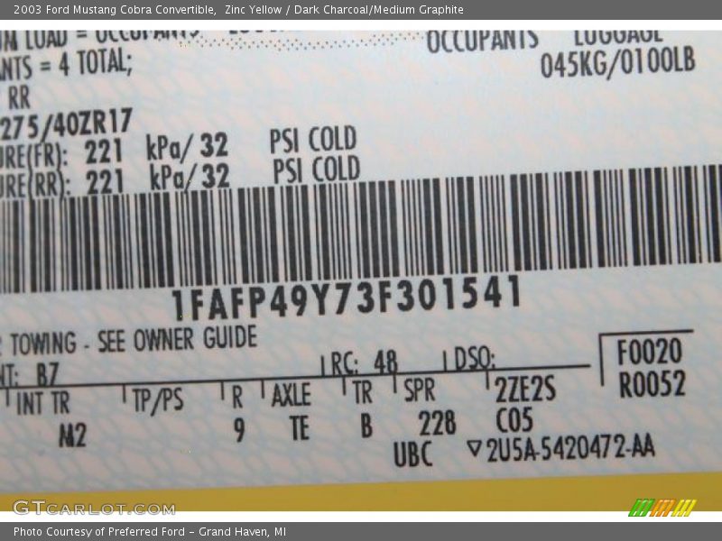 2003 Mustang Cobra Convertible Zinc Yellow Color Code B7