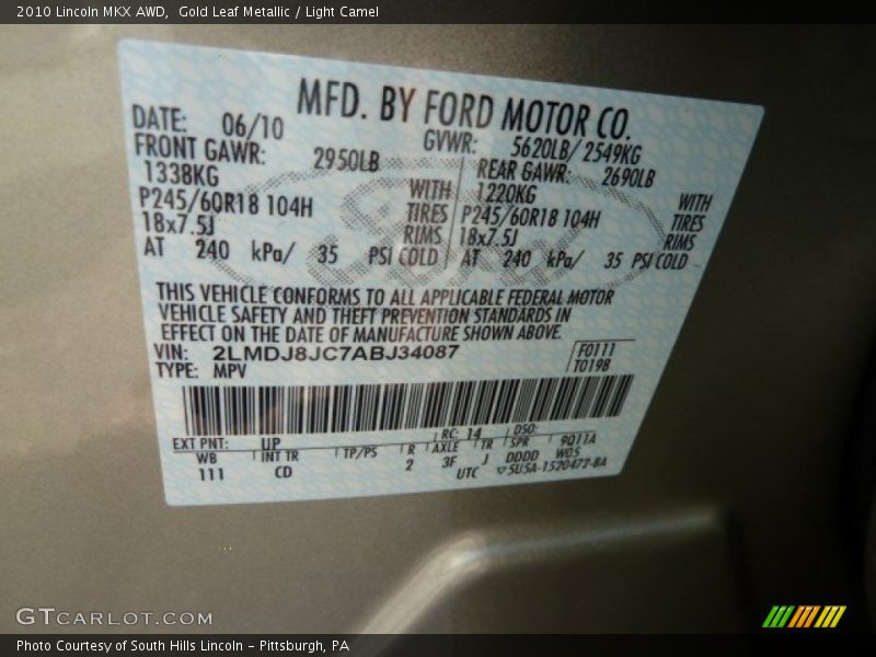 2010 MKX AWD Gold Leaf Metallic Color Code UP