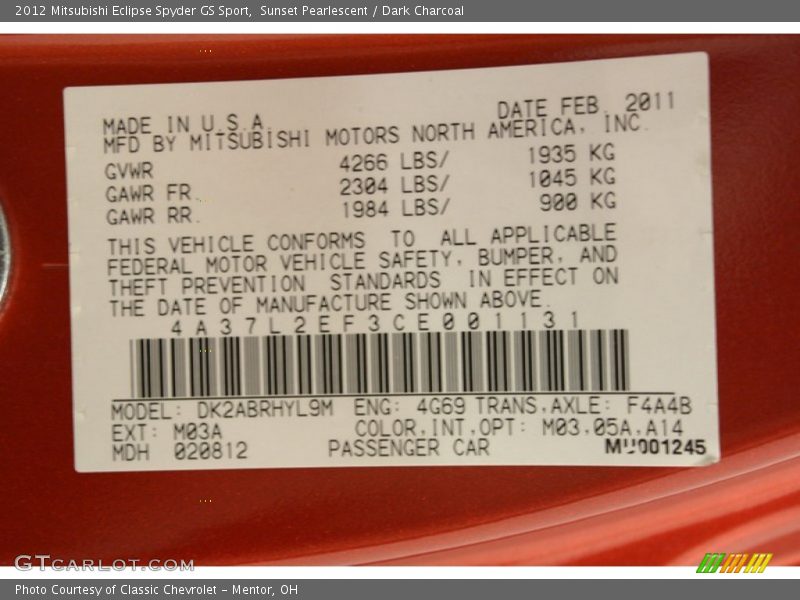 2012 Eclipse Spyder GS Sport Sunset Pearlescent Color Code M03