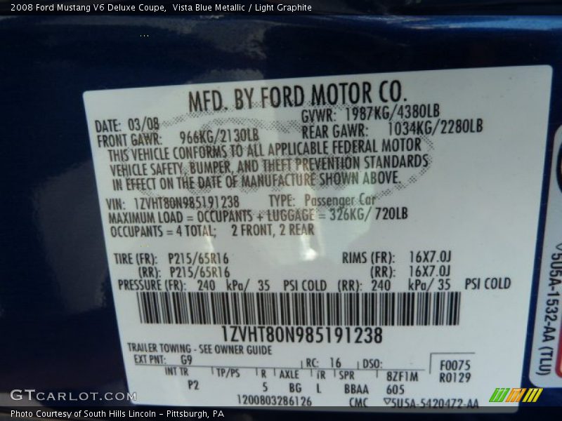 Vista Blue Metallic / Light Graphite 2008 Ford Mustang V6 Deluxe Coupe