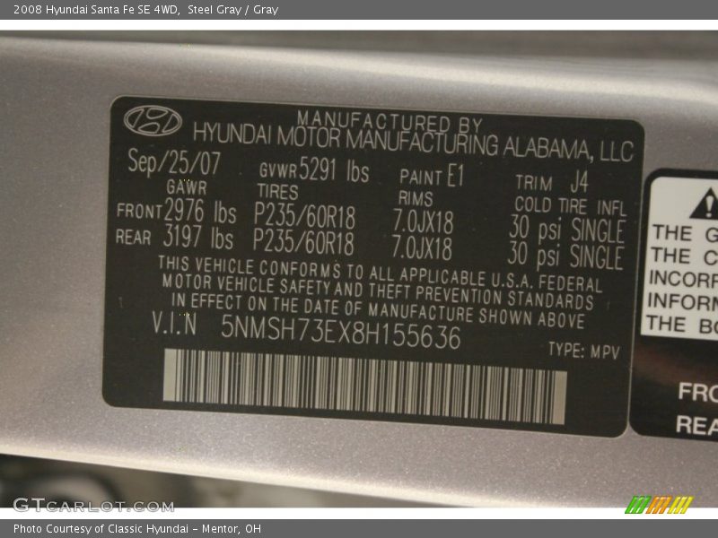 2008 Santa Fe SE 4WD Steel Gray Color Code E1
