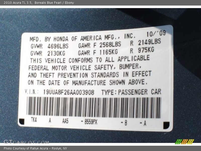 Borealis Blue Pearl / Ebony 2010 Acura TL 3.5