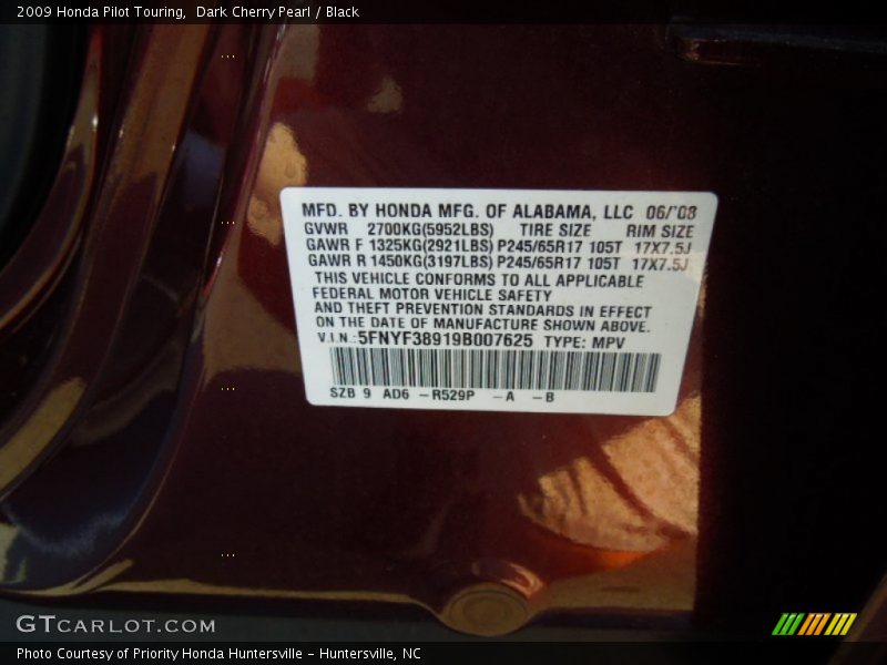 Dark Cherry Pearl / Black 2009 Honda Pilot Touring