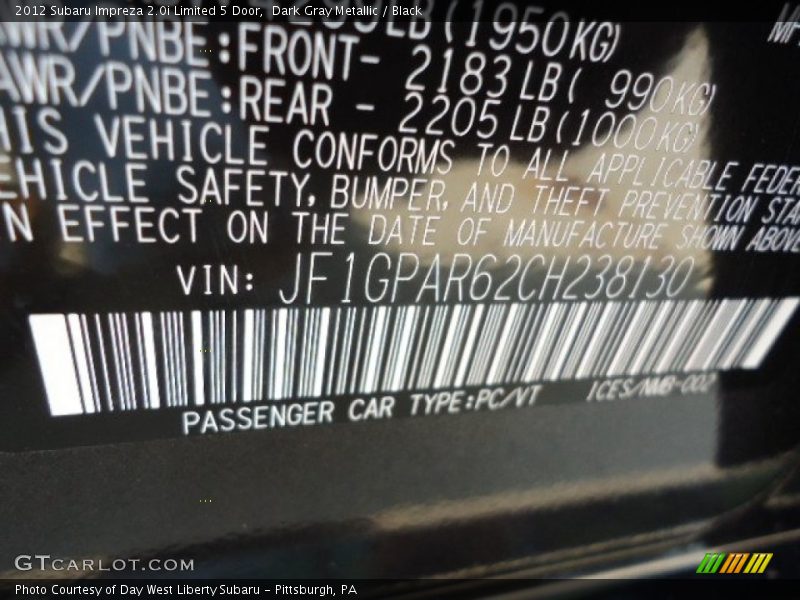 Dark Gray Metallic / Black 2012 Subaru Impreza 2.0i Limited 5 Door