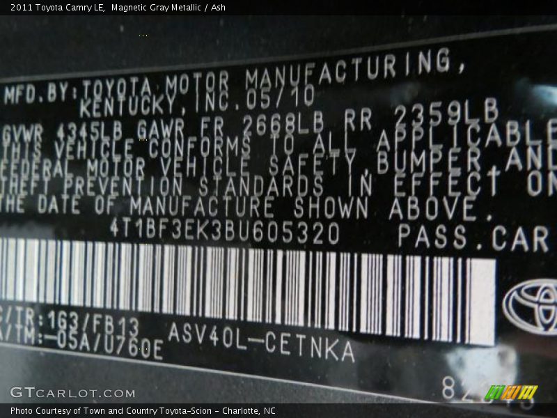 Magnetic Gray Metallic / Ash 2011 Toyota Camry LE