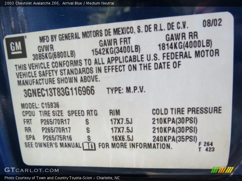 Arrival Blue / Medium Neutral 2003 Chevrolet Avalanche Z66