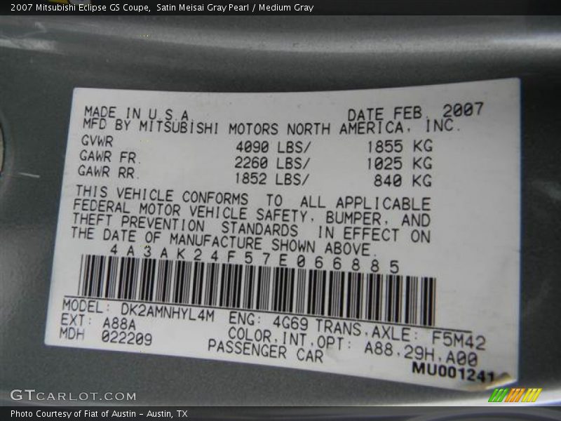 Satin Meisai Gray Pearl / Medium Gray 2007 Mitsubishi Eclipse GS Coupe