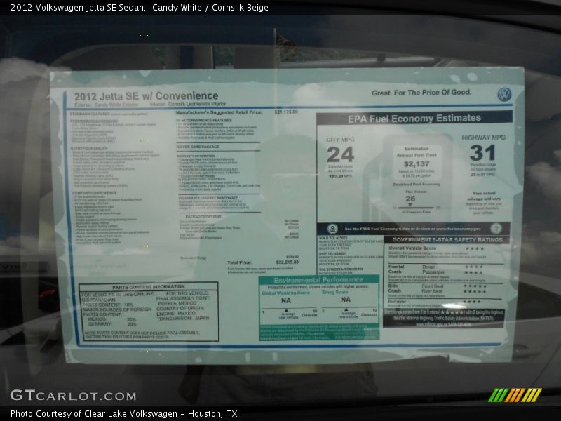 Candy White / Cornsilk Beige 2012 Volkswagen Jetta SE Sedan