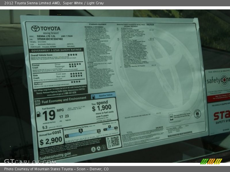  2012 Sienna Limited AWD Window Sticker
