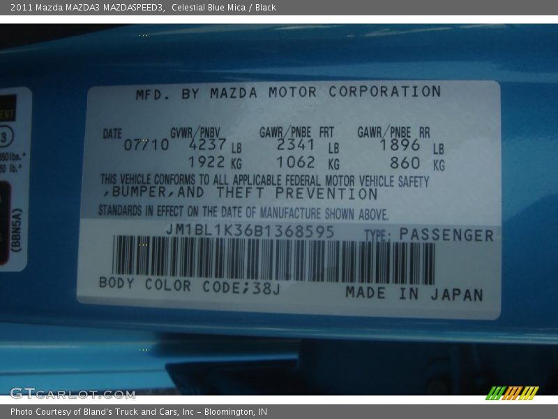 2011 MAZDA3 MAZDASPEED3 Celestial Blue Mica Color Code 38J