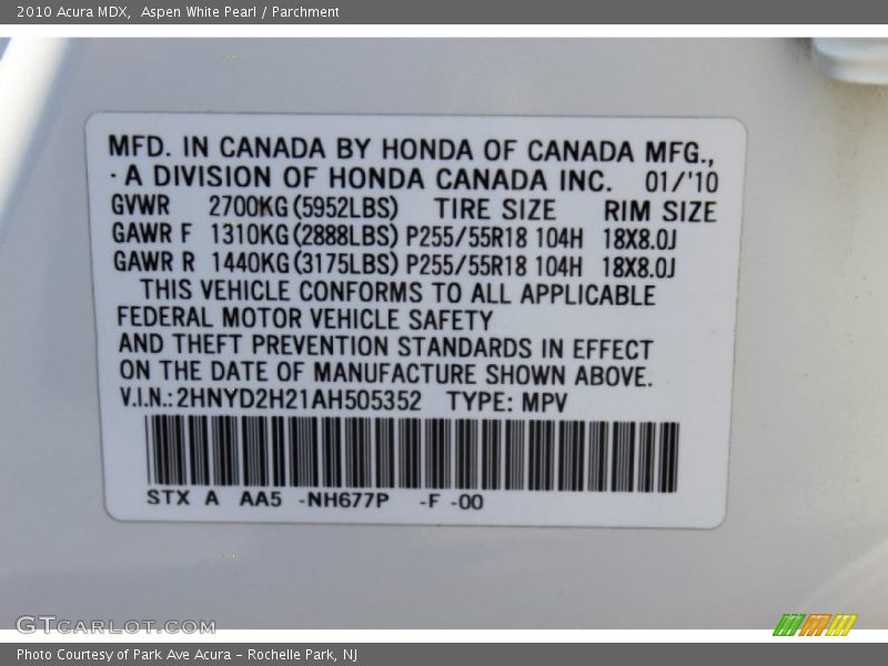 Aspen White Pearl / Parchment 2010 Acura MDX