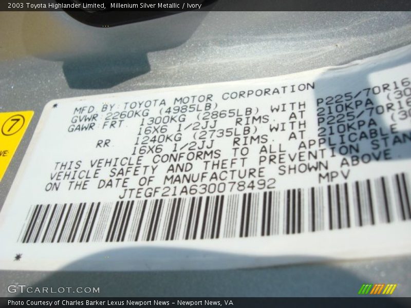 Millenium Silver Metallic / Ivory 2003 Toyota Highlander Limited