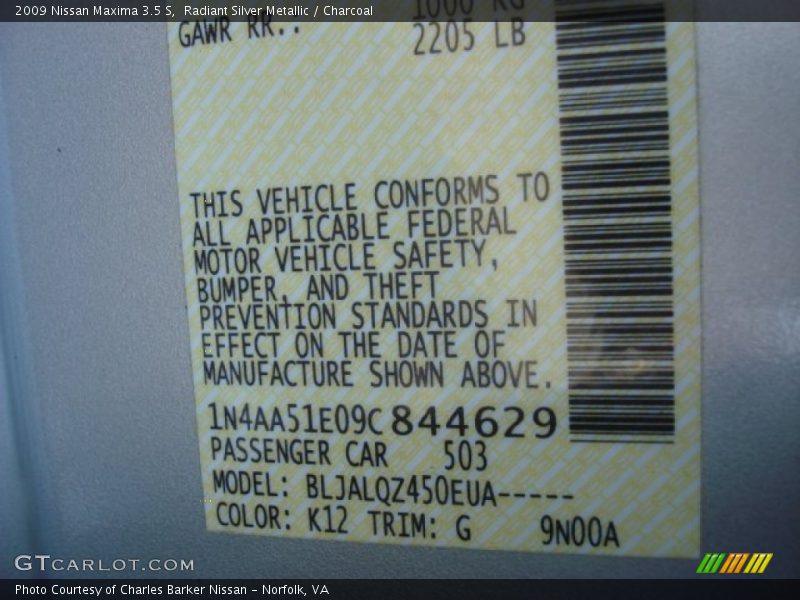 Radiant Silver Metallic / Charcoal 2009 Nissan Maxima 3.5 S