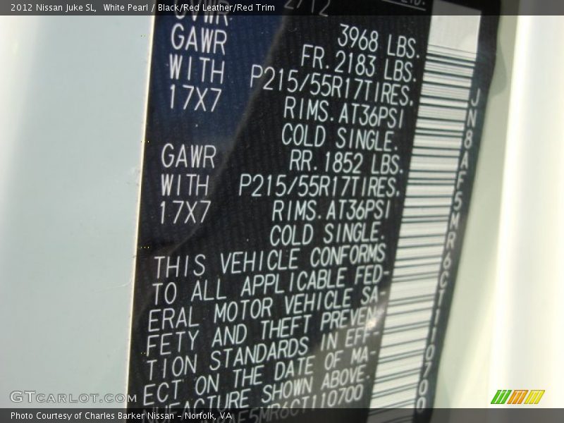 White Pearl / Black/Red Leather/Red Trim 2012 Nissan Juke SL