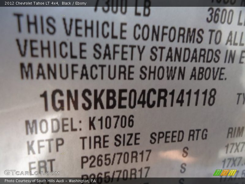 Black / Ebony 2012 Chevrolet Tahoe LT 4x4