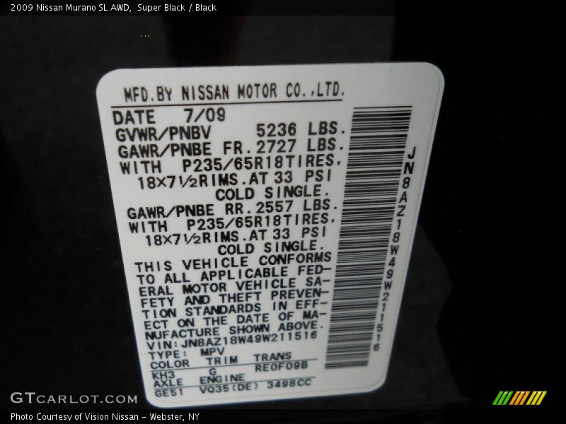 Super Black / Black 2009 Nissan Murano SL AWD
