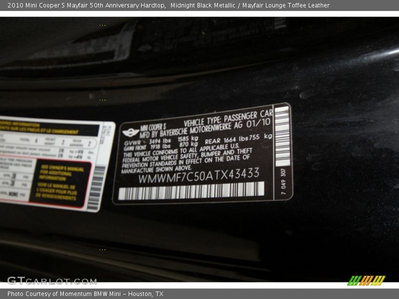 Midnight Black Metallic / Mayfair Lounge Toffee Leather 2010 Mini Cooper S Mayfair 50th Anniversary Hardtop