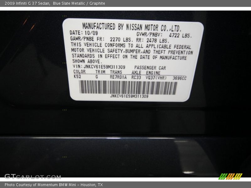 Blue Slate Metallic / Graphite 2009 Infiniti G 37 Sedan
