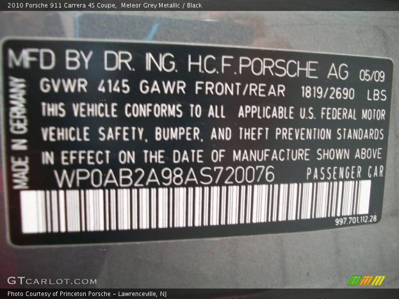 Meteor Grey Metallic / Black 2010 Porsche 911 Carrera 4S Coupe