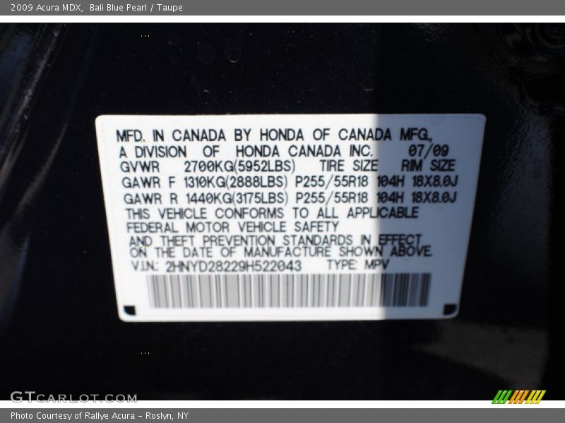 Bali Blue Pearl / Taupe 2009 Acura MDX